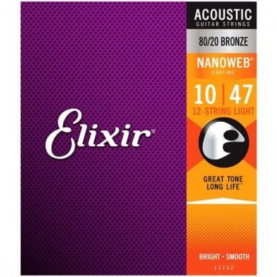 Elixir 11152 Acoustic 12-String Guitar Strings Nanoweb Light 10-47 80/20 Bronze A-NW-12L