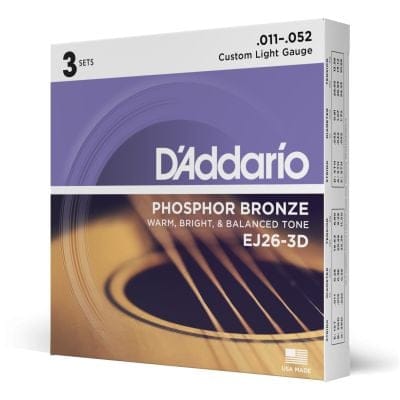 D'Addario 3 Pack of EJ26 Phosphor Bronze Acoustic Guitar Strings 11-52