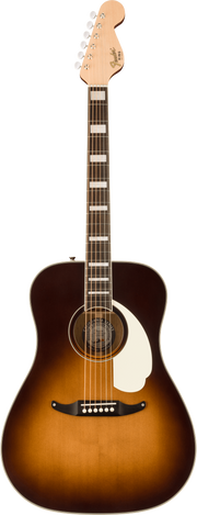 Acoustic guitar with a sunburst finish on a dark background