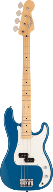 Blue electric bass guitar with a white pickguard on a green background