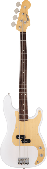 Fender bass guitar with a white body and blonde neck on a green background