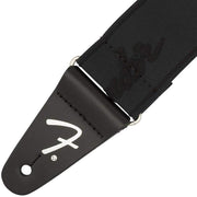 Fender WeighLess Running Logo Guitar Strap - Black/Black Crossed Strap View Showing Elastic Webbing and Leather Ends