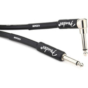 Close-up of the right-angle 1/4-inch connector on the Fender Professional Series black instrument cable.