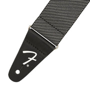 Fender WeighLess Tweed Guitar Strap - Gray Close-Up Showing Black Leather End with Fender F Logo