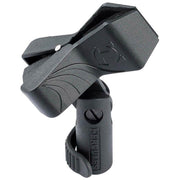 Hercules MH100B Quik-N-EZ Microphone Clip - Black Front Angled View Showing Rubber-Lined Grip and EZ Adaptor