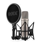 Rode NT1 5th Generation silver condenser microphone with SM6 shock mount and pop filter