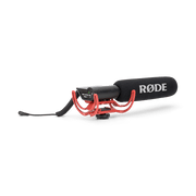 Rode VideoMic rear view showing controls, Rycote Lyre shock mount and 3.5mm TRS cable