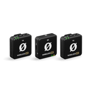 Rode Wireless ME Dual Black wireless microphone system with two transmitters and receiver angled view
