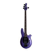 Sterling by Music Man Bongo 4-String Bass Guitar - Firemist Purple Satin Angled Front View Showing Dual Humbucker Pickups and Control Knobs