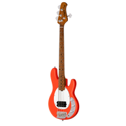 Sterling by Music Man StingRay Short Scale RAYSS4 - Fiesta Red Angled Front View Showing Humbucker Pickup, Chrome Bridge and Control Knobs