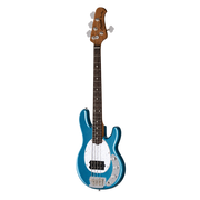 Sterling by Music Man StingRay Short Scale RAYSS4 - Toluca Lake Blue Angled Front View Showing Humbucker Pickup, Chrome Bridge and Control Knobs