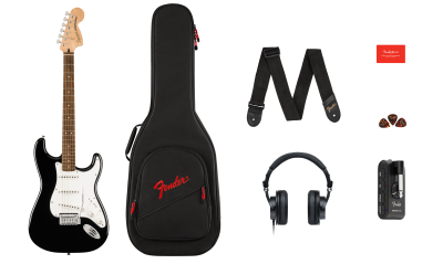 Squier Affinity Series Stratocaster Mustang Micro Pack, Laurel Fingerboard, Black, Gig Bag, HD9, US, CA, EU, AU, JP