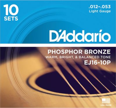 D'Addario EJ16-10P Phosphor Bronze Acoustic Guitar Strings Light 10 Sets - 12-53 