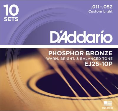 D'Addario EJ26-10P Phosphor Bronze Acoustic Guitar Strings Custom Light 11-52 10 Sets