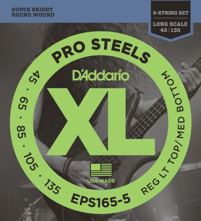 D'Addario EPS165-5 5-String ProSteels Bass Guitar Strings Custom Light 45-135 Long Scale